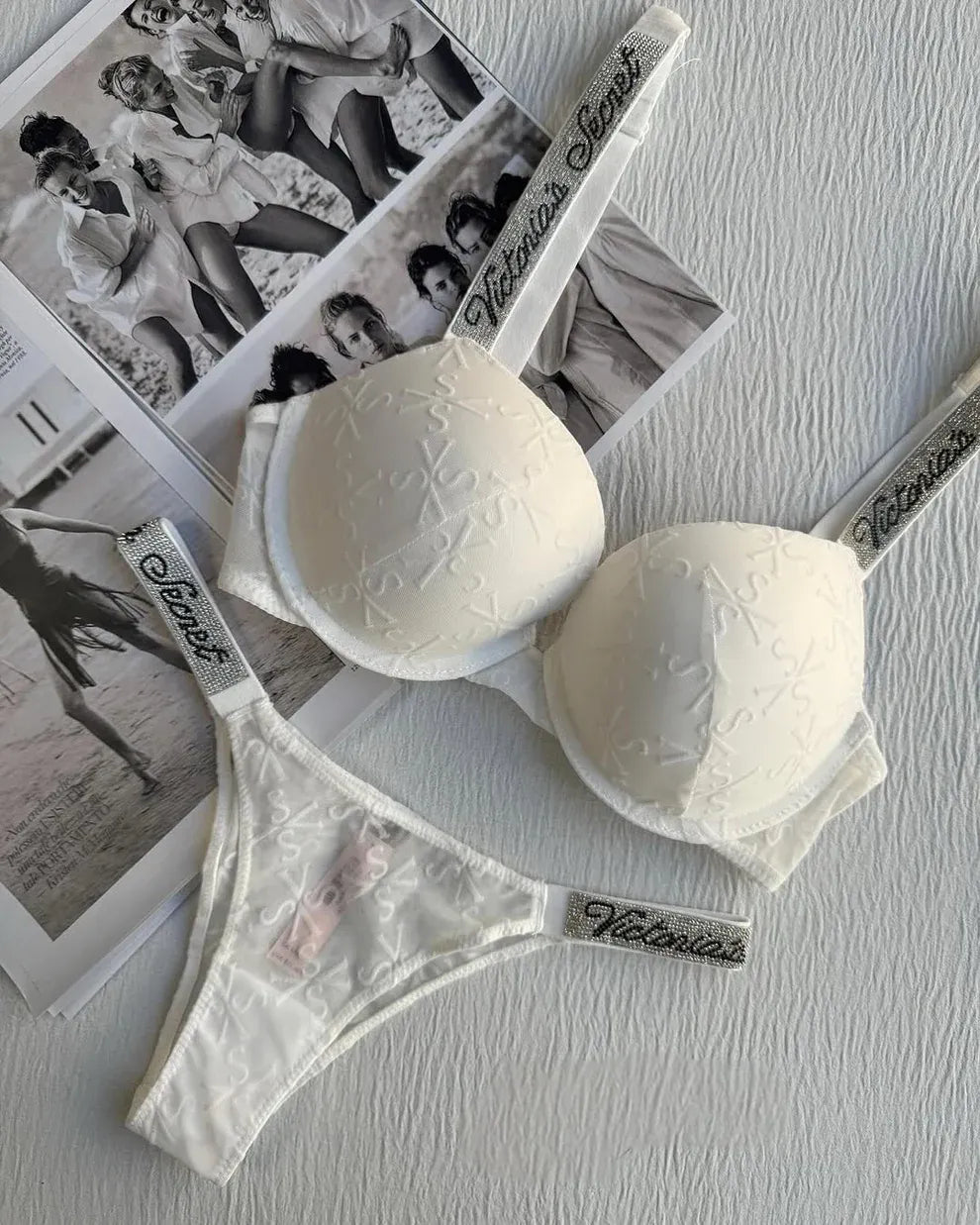 White padded cups and rhinestone-encrusted logo straps Set | Victoria's Secret