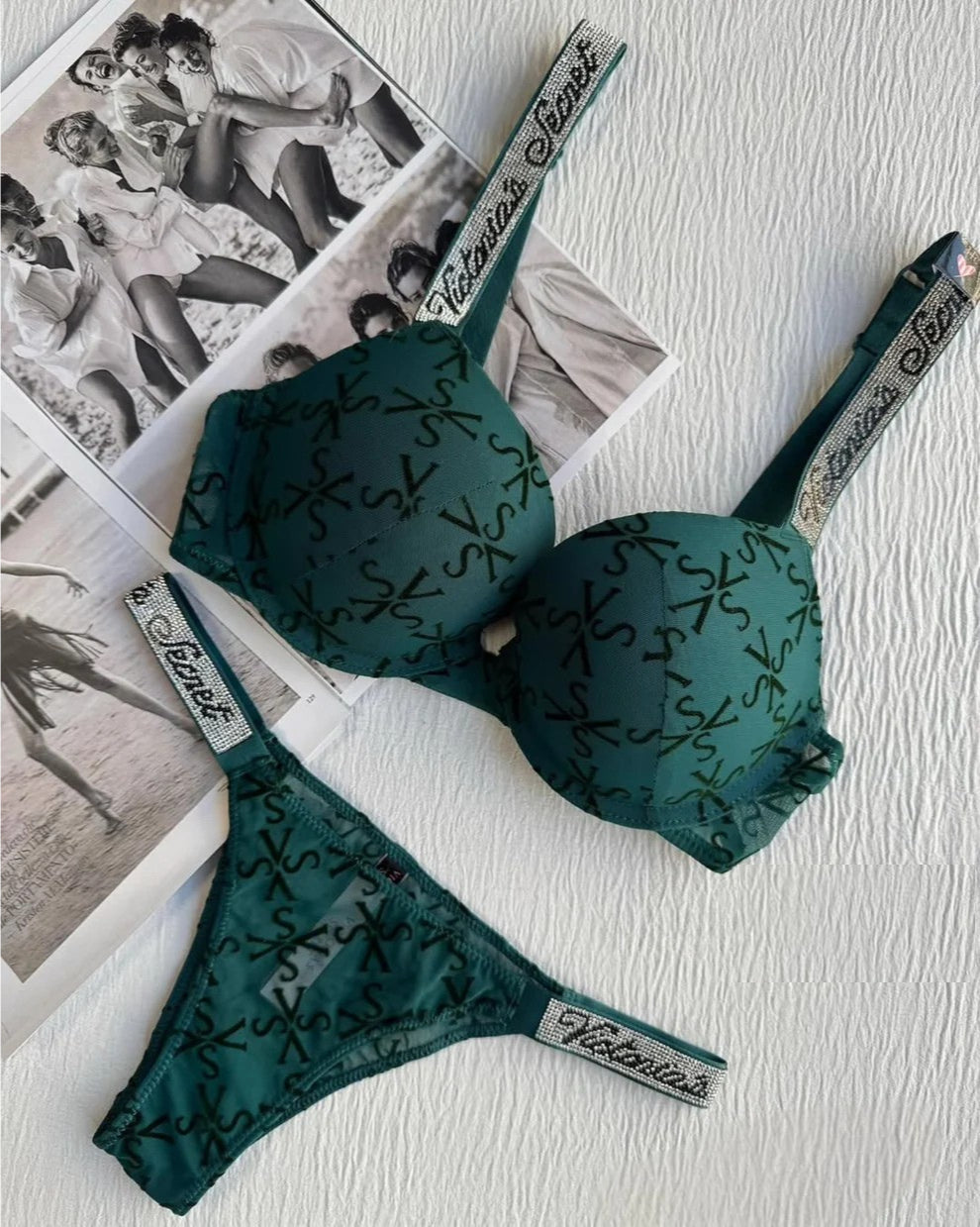 Dark Green Shine Strap Tulle Push-Up Set | Victoria's Secret