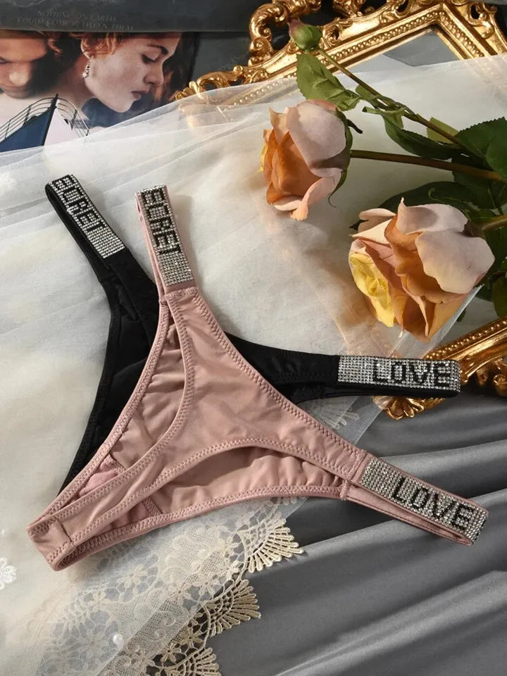 Women sexy rhinestones G-strings thongs lingerie T-back underwear panties - Black