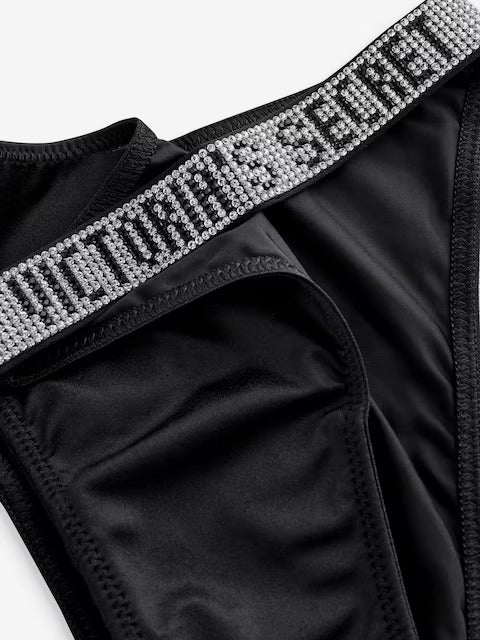 Women sexy rhinestones G-strings thongs lingerie T-back underwear panties - Black